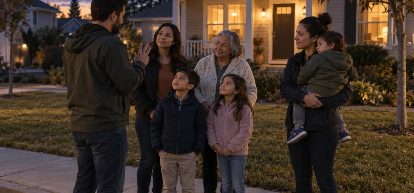 A U.S. family accounting for everyone at an outdoor meeting point during a home fire escape drill