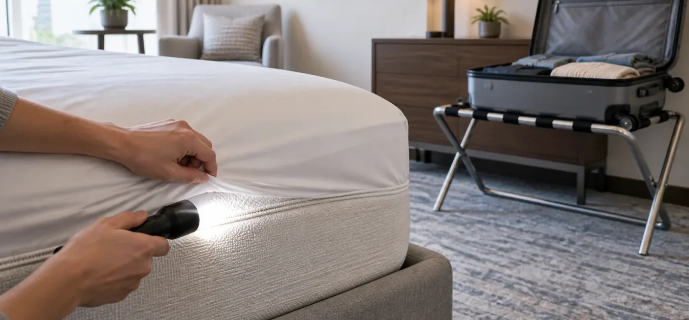 Traveler inspecting a hotel mattress seam with luggage kept on a rack away from the bed