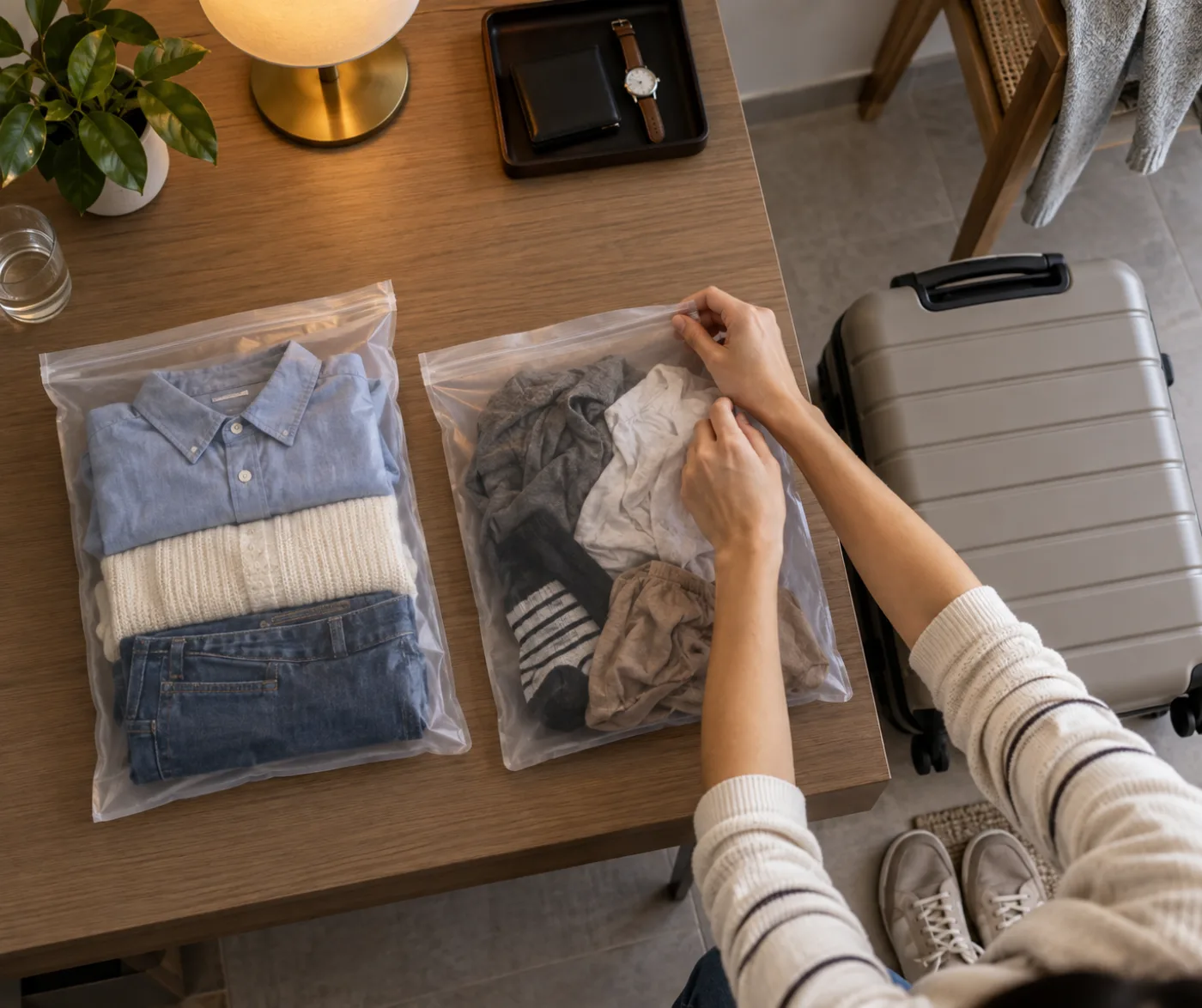 Traveler separating laundry and clean clothing into sealed bags in a hotel room