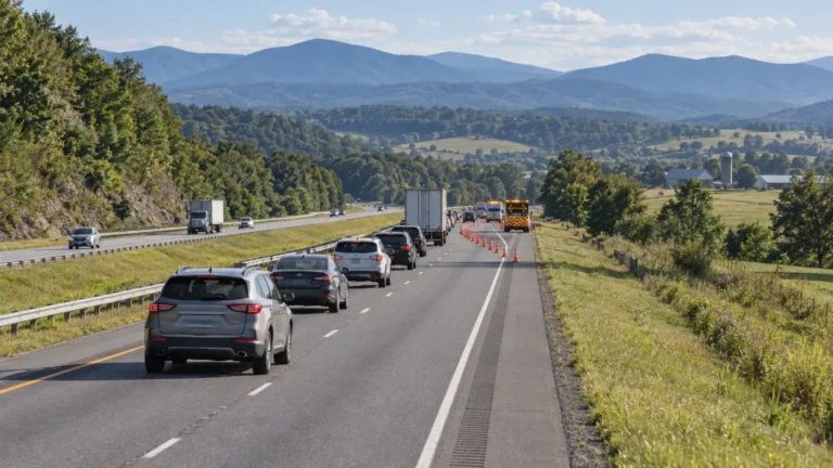 Traffic slowing safely before an I-81 incident area in Frederick County Virginia