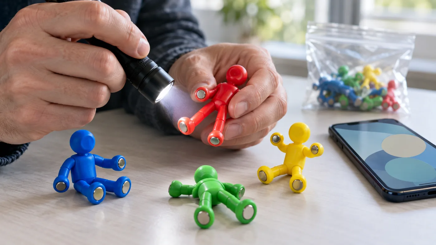 An adult inspecting the hands and feet of small magnetic figures while keeping the set isolated in a clear bag