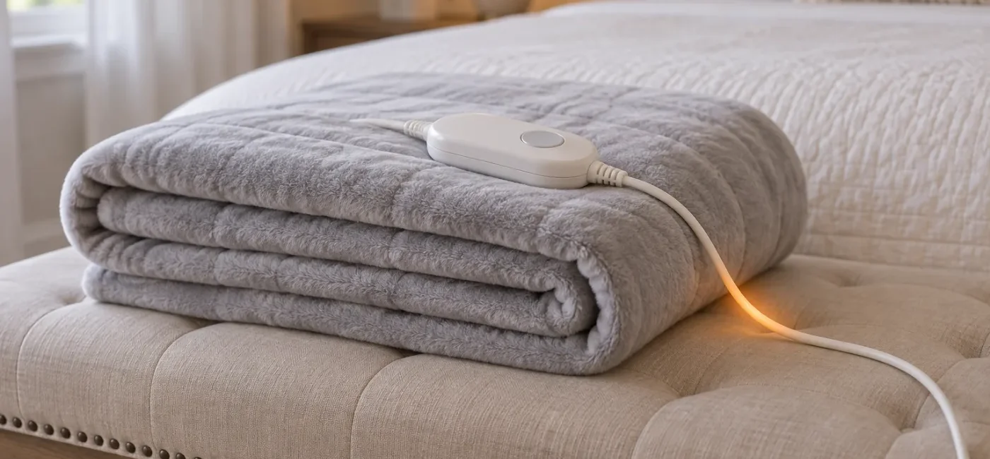 A recalled heated blanket safely unplugged beside its detachable temperature controller