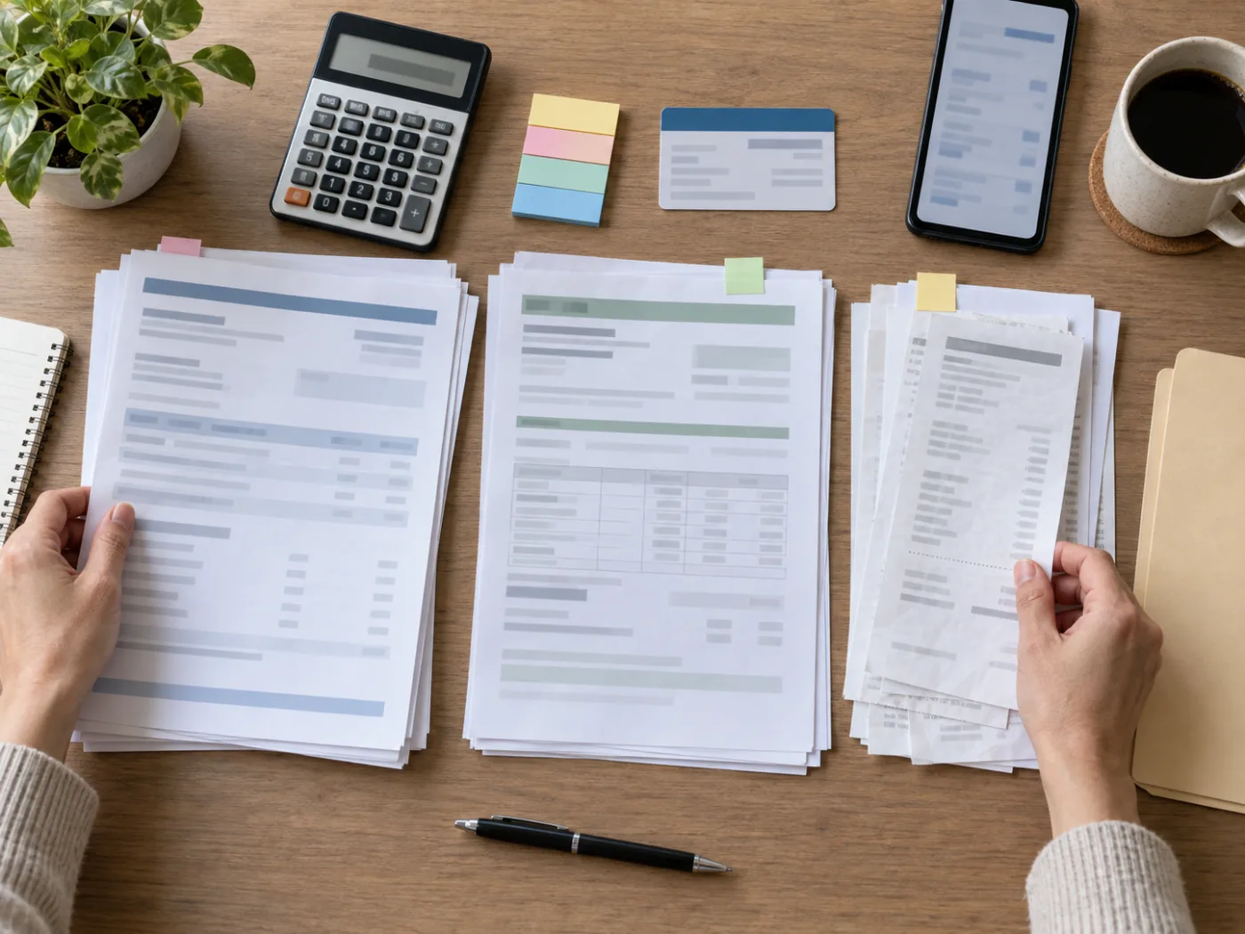 Medical bills, an insurance EOB, and a health plan card organized by date on a desk