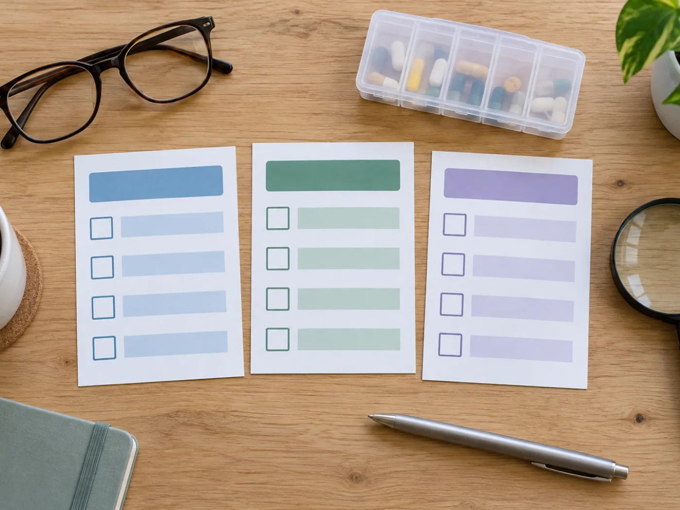 A Medicare plan comparison worksheet checking prescriptions, doctors, pharmacies, annual costs, and prior authorization rules