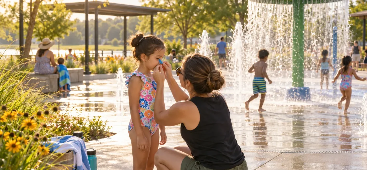Family preparing a nose clip for a child before recreational water play