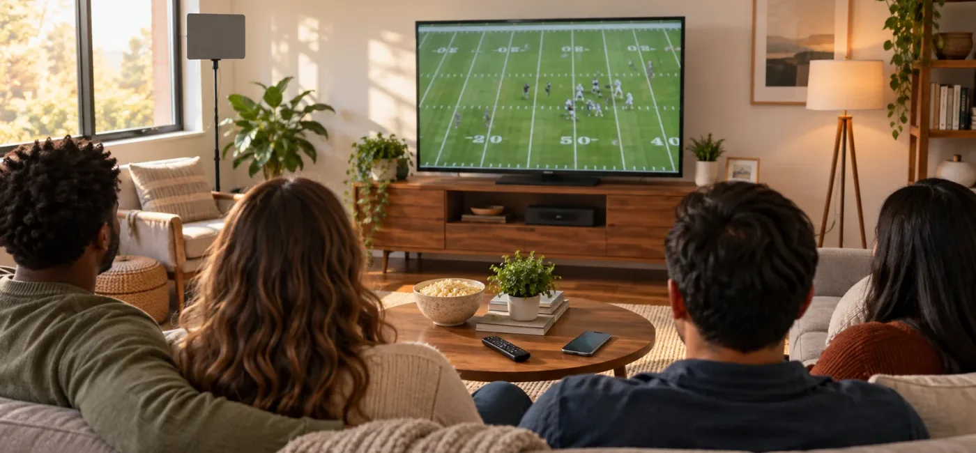 A family checking streaming options while watching a football game on a living-room TV