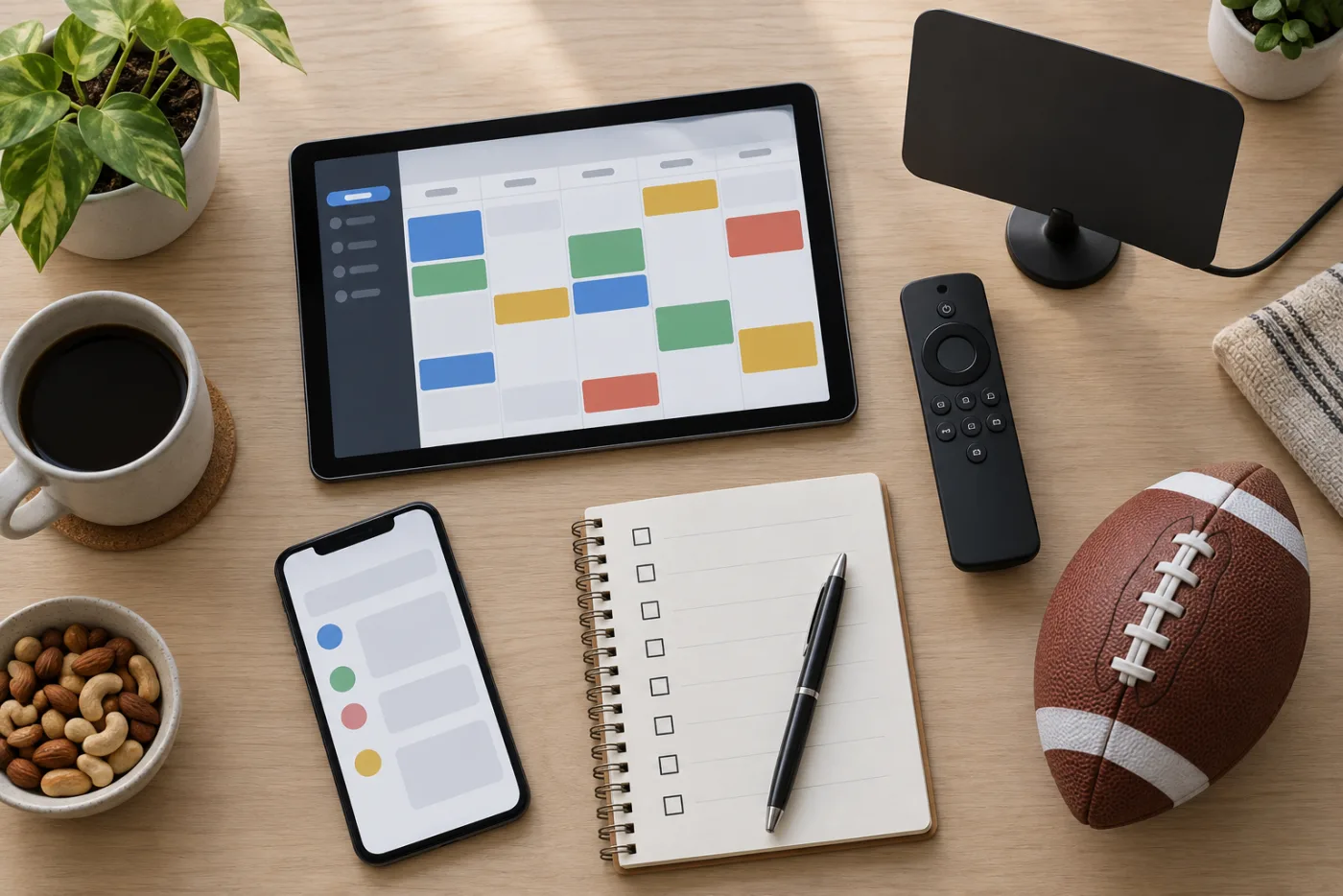 TV·스마트폰·실내 안테나를 비교하며 NFL 경기 시청 방법을 확인하는 가정