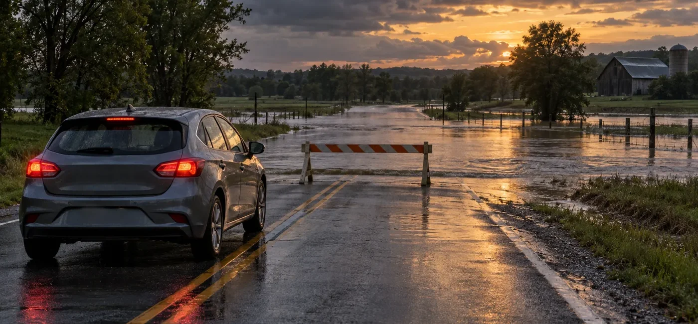 A vehicle stopping safely before a flooded Ohio road and turning around