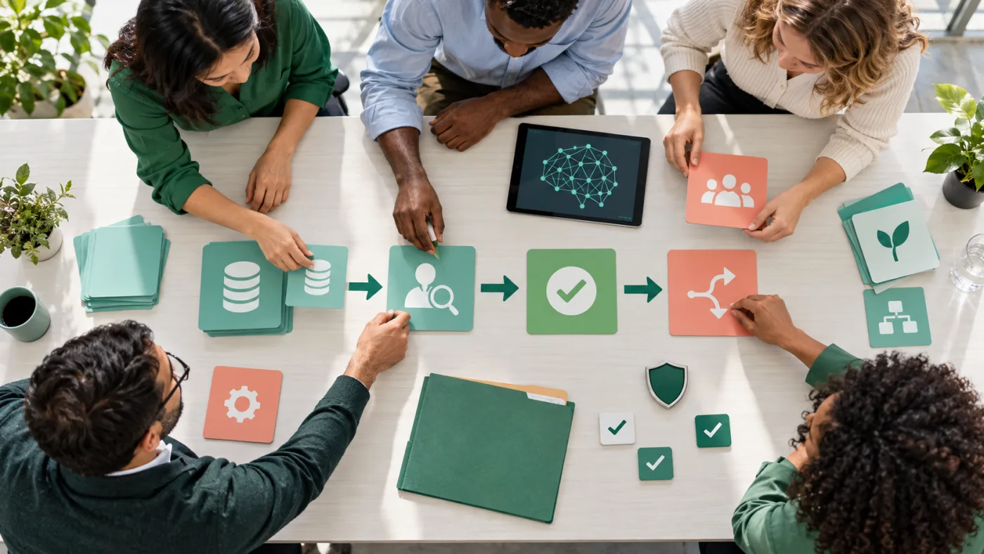 A team reviewing input data, human verification, and approval steps in an AI workflow