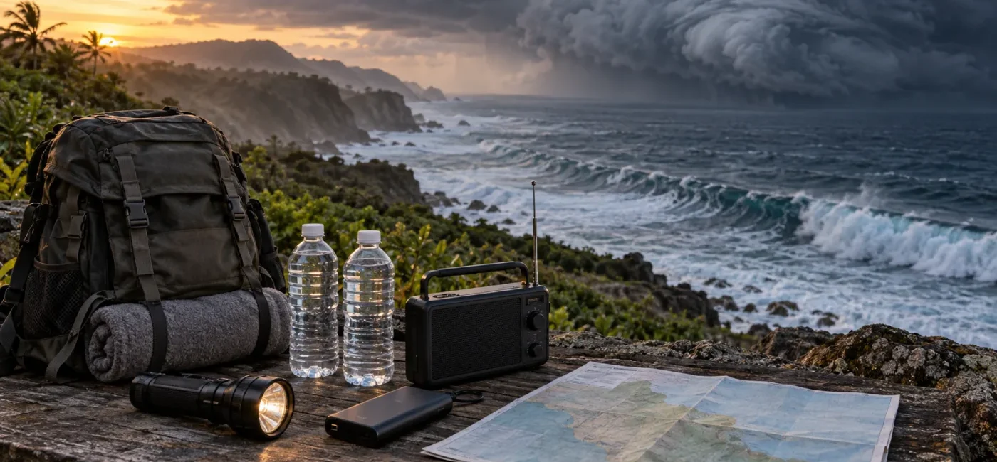 Emergency bag, flashlight, water, and radio prepared above a rough Pacific coast during hurricane conditions