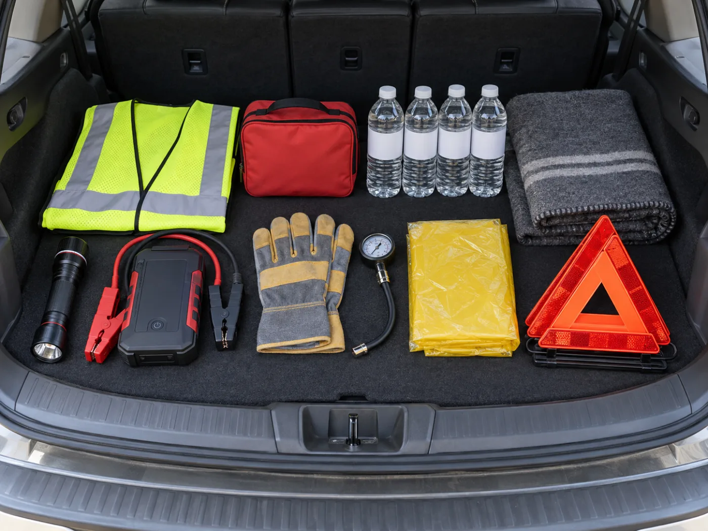 Reflective vest, flashlight, first-aid kit, jump starter, and water organized securely in a vehicle cargo area