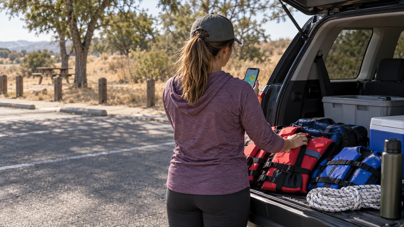Visitor securing life jackets and plain boating gear beside a vehicle before checking weather conditions at San Luis Reservoir