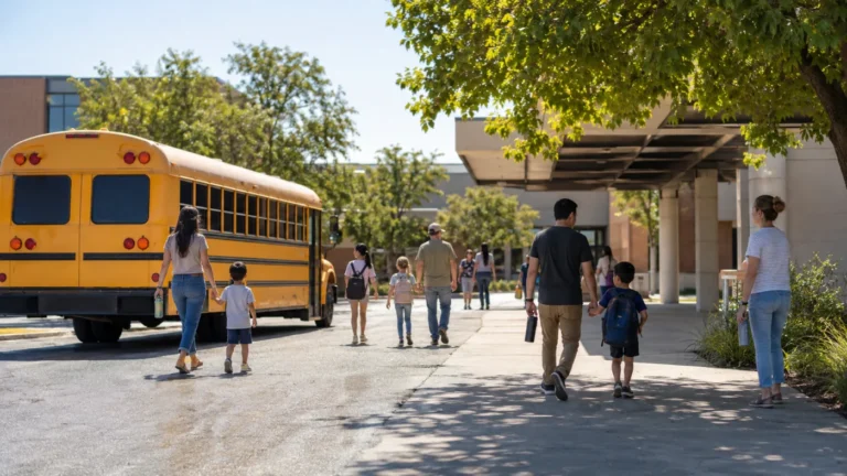 Families meeting children beside a school bus during an extreme-heat early dismissal