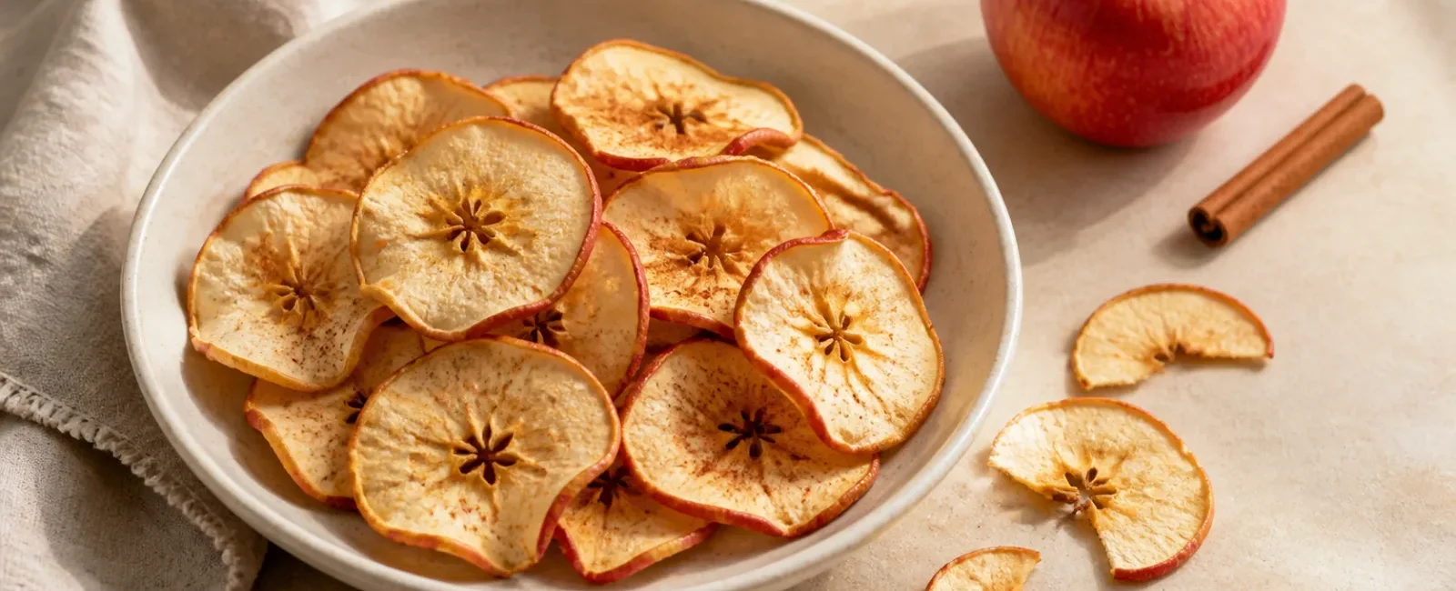 Crisp cinnamon air fryer apple chips in a ceramic bowl