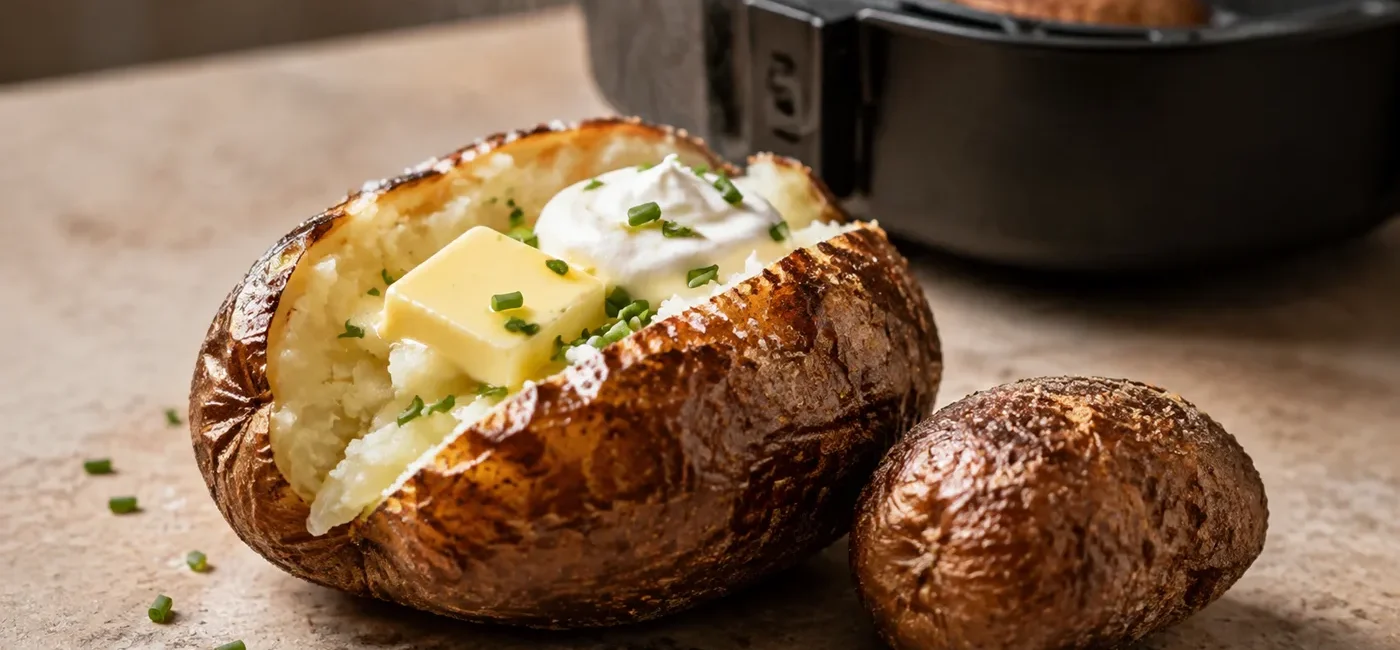 Air fryer baked potato with crisp skin and fluffy center topped with butter sour cream and chives