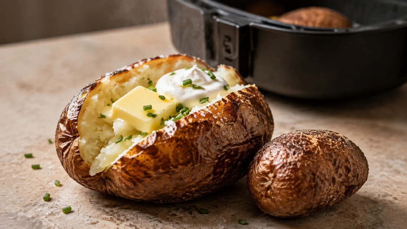 Air fryer baked potato with crisp skin and fluffy center topped with butter sour cream and chives