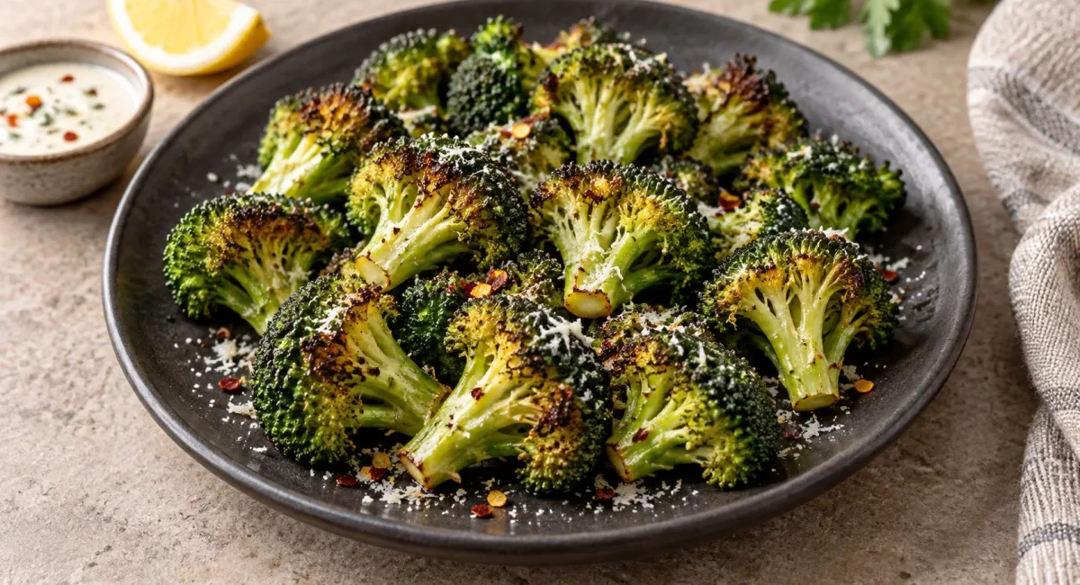 Crispy air fryer broccoli with Parmesan and red pepper flakes