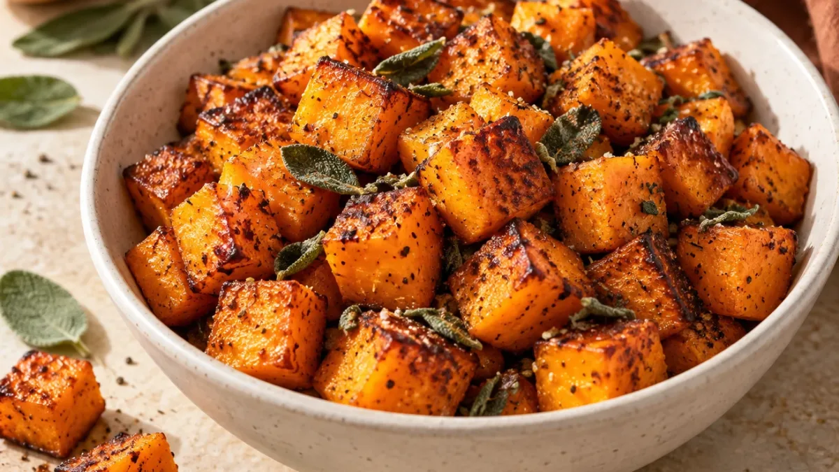 Golden air fryer butternut squash cubes with browned edges and sage