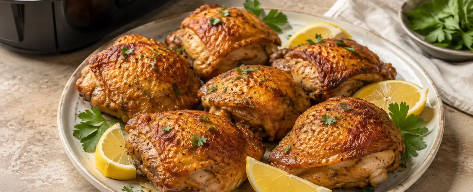 Crispy air fryer chicken thighs served with lemon and parsley