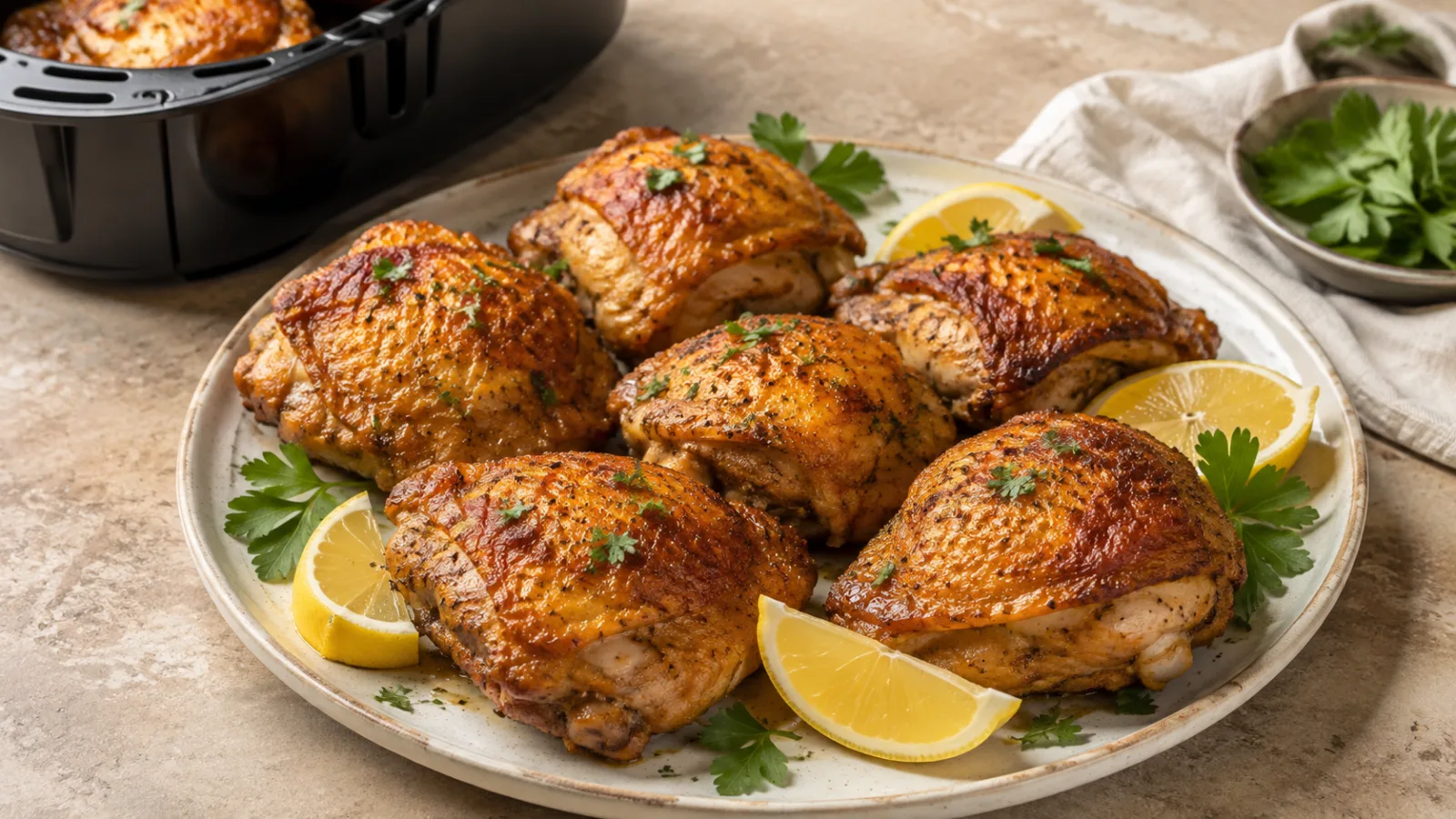 Crispy air fryer chicken thighs served with lemon and parsley