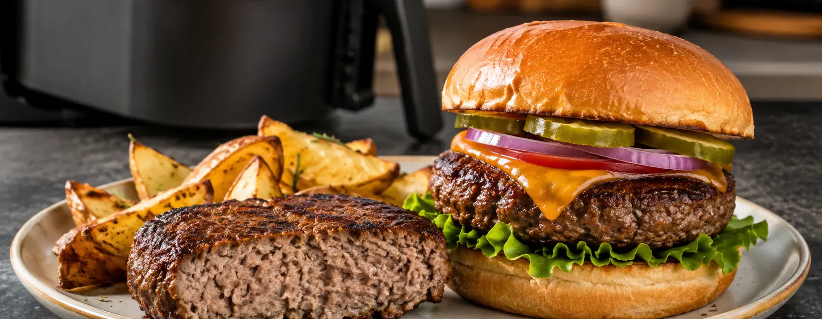 Browned air fryer hamburger with a fully cooked beef patty cross-section
