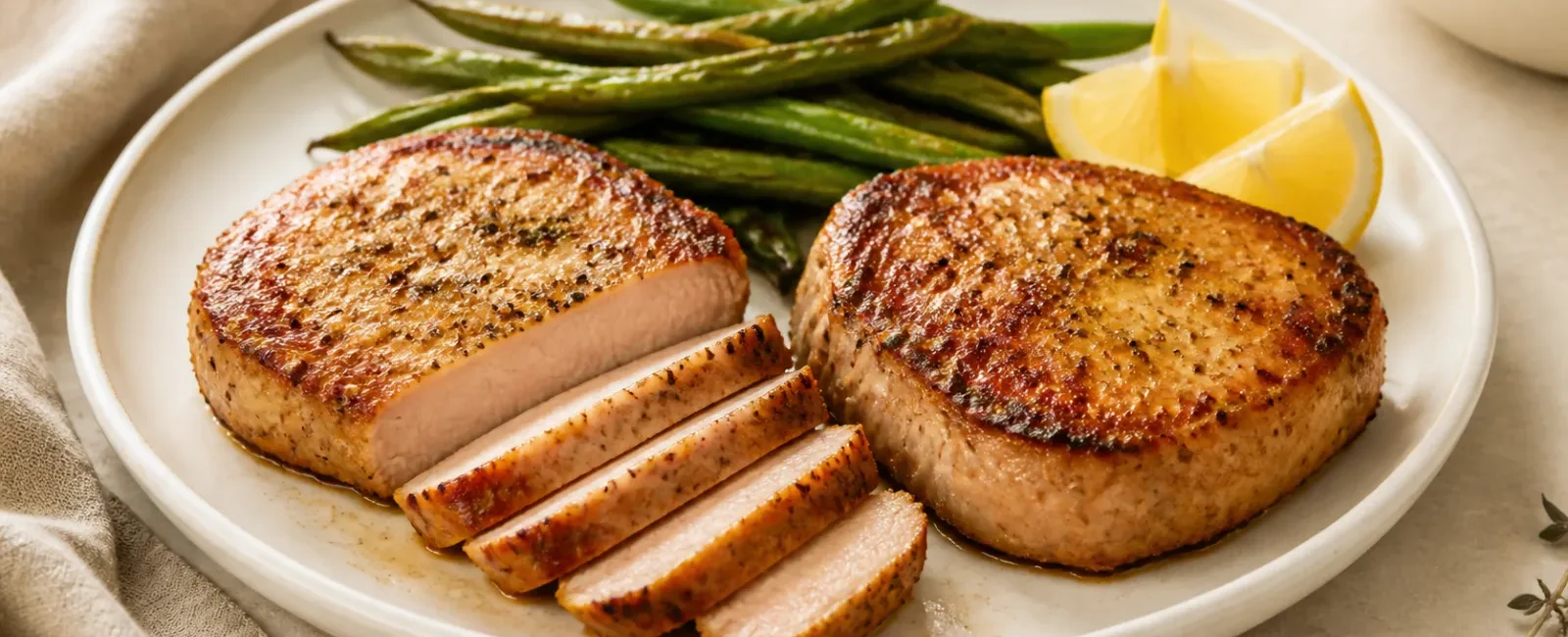 Golden air fryer pork chops with a juicy sliced center