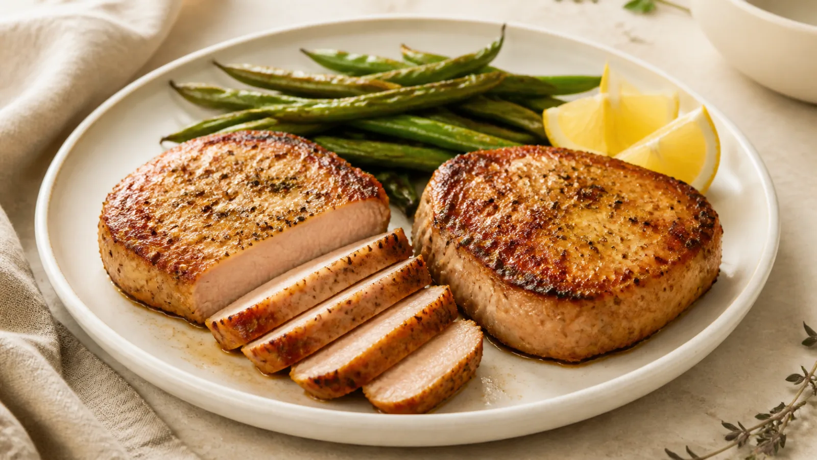 Golden air fryer pork chops with a juicy sliced center