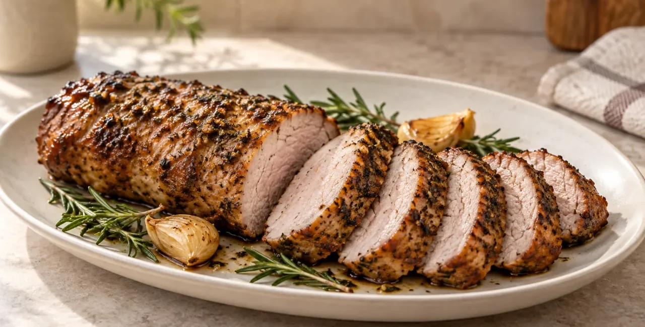 Sliced air fryer pork tenderloin with a browned herb garlic crust