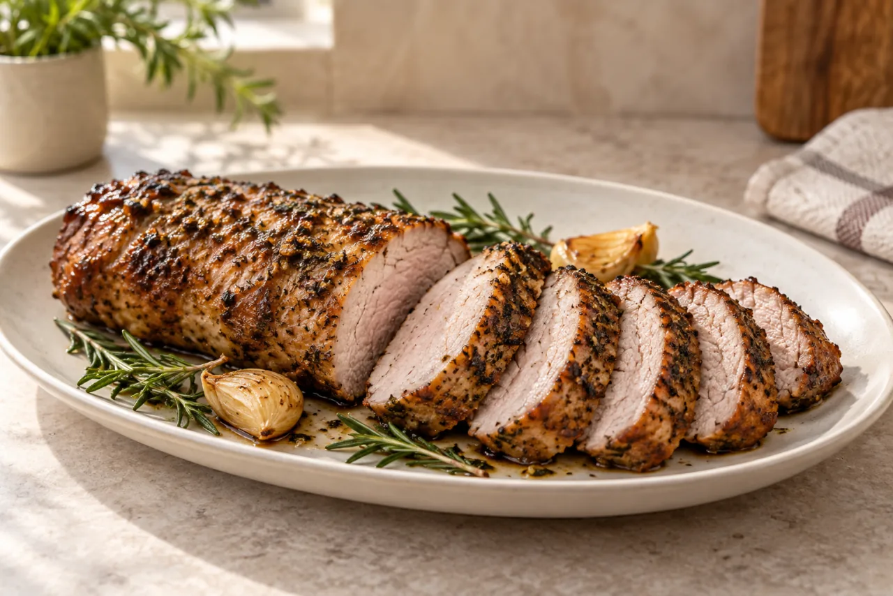 Sliced air fryer pork tenderloin with a browned herb garlic crust