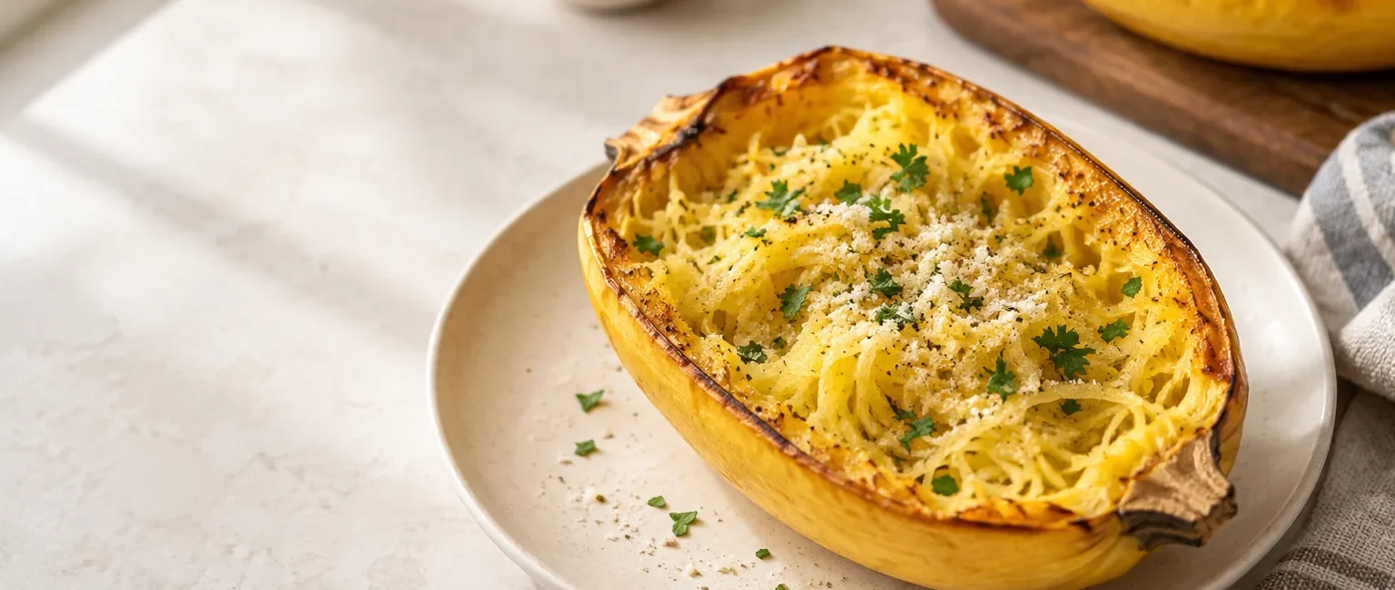 Golden air fryer spaghetti squash strands with Parmesan and parsley