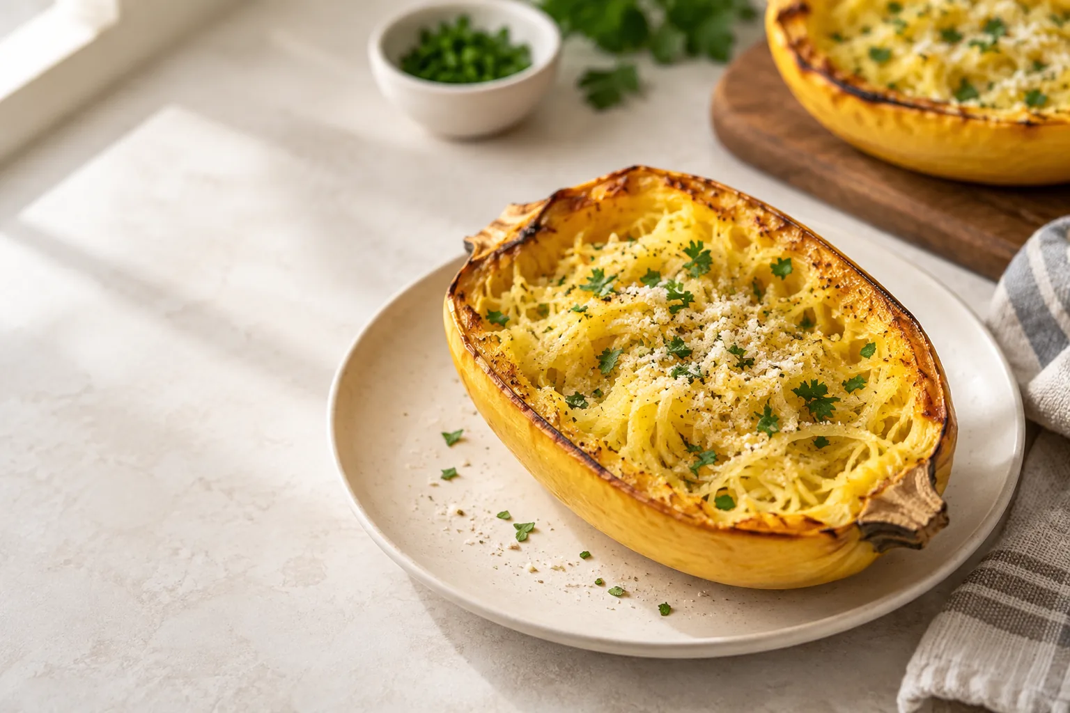 Golden air fryer spaghetti squash strands with Parmesan and parsley