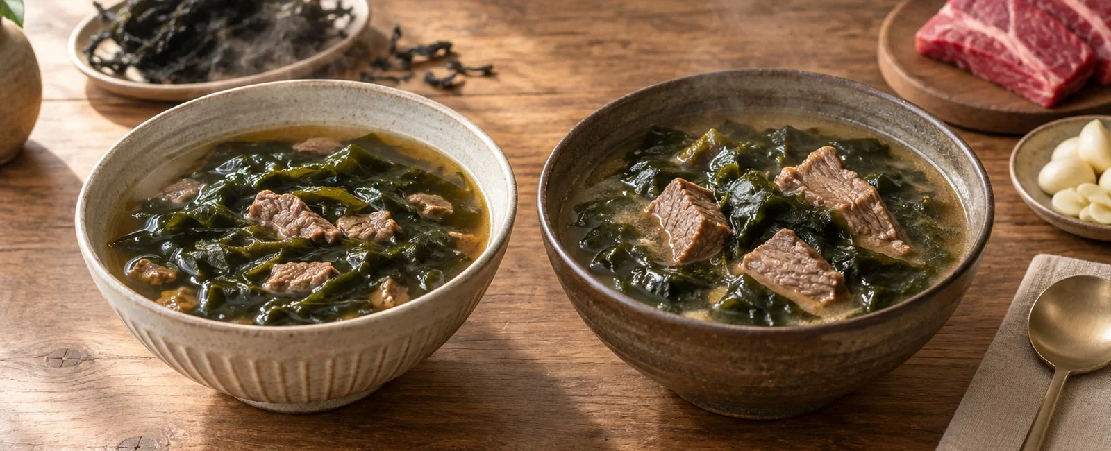 30-minute beef miyeokguk beside traditional brisket-stock Korean seaweed soup