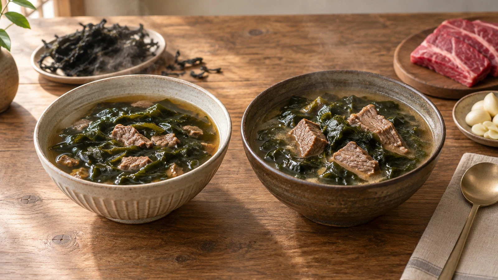 Quick Korean beef seaweed soup beside traditional brisket-stock miyeokguk