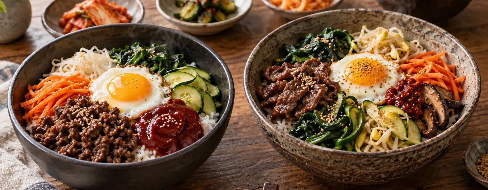 Quick bibimbap with bottled sauce beside traditional five-topping bibimbap | 시판 비빔장 간단 비빔밥과 오색나물 정석 비빔밥