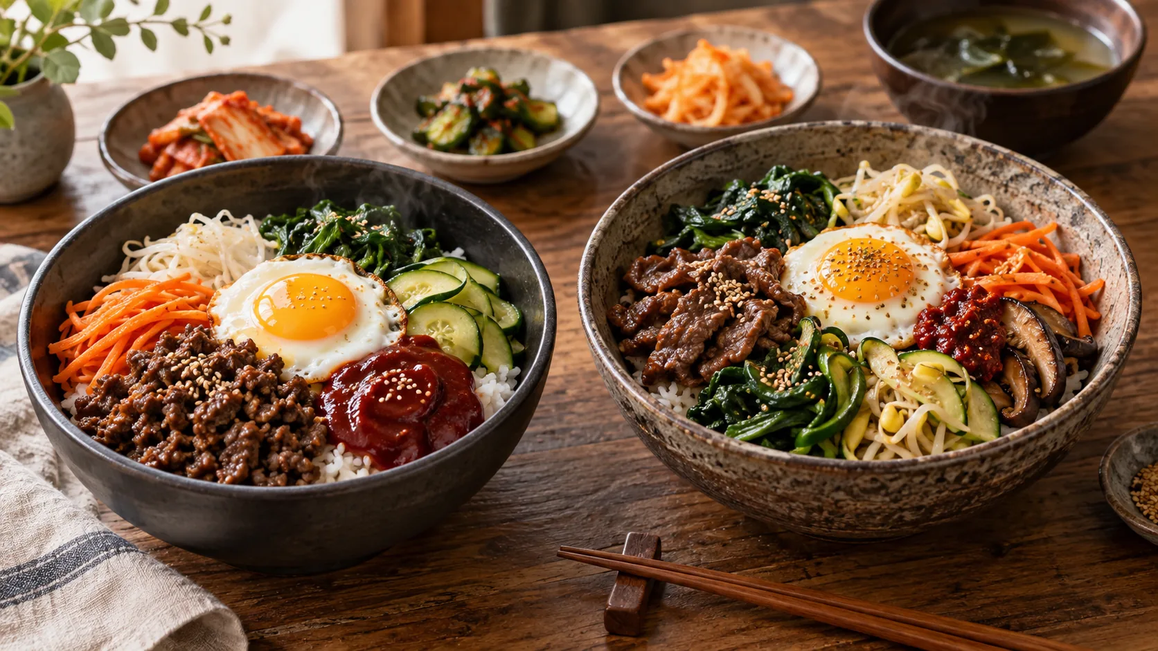 Quick bibimbap with bottled sauce beside traditional bibimbap with five separately cooked toppings