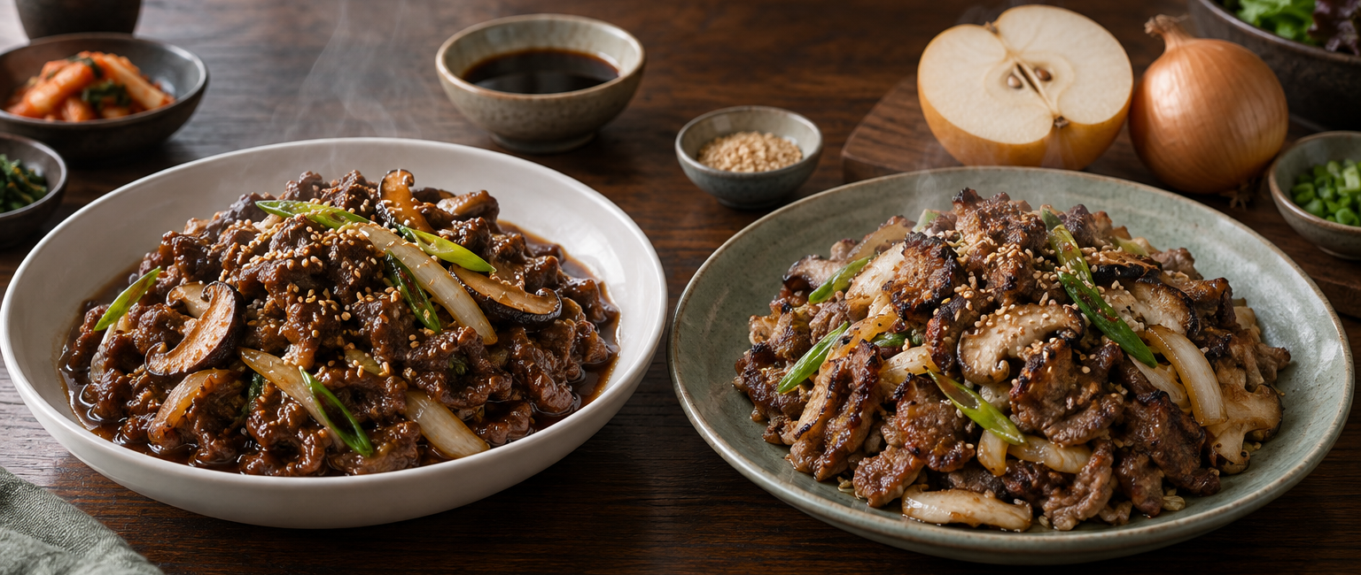 Bottled-marinade bulgogi beside pear-shiitake traditional bulgogi | 시판 양념 불고기와 배·표고 정석 불고기