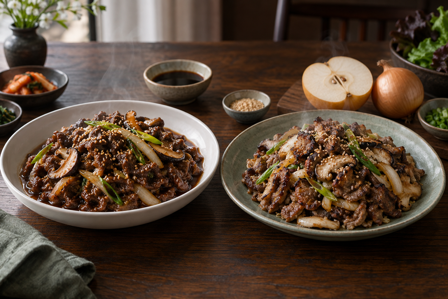 Glossy bottled-marinade bulgogi beside caramelized bulgogi marinated with fresh Asian pear, onion, and shiitake