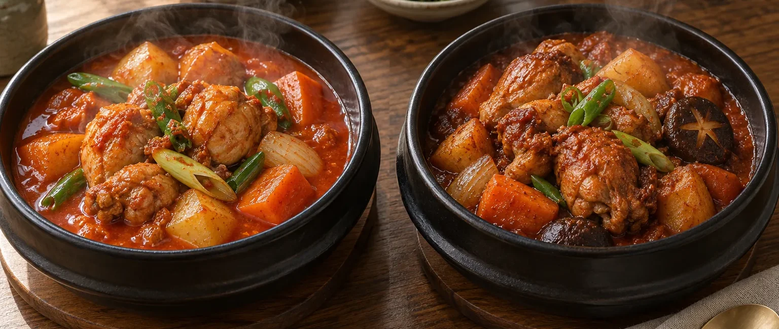 Quick bottled-sauce dakbokkeumtang beside traditional homemade-seasoning Korean spicy braised chicken