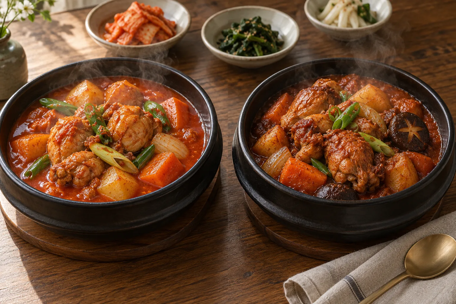 Quick bottled-sauce dakbokkeumtang beside traditional homemade-sauce spicy Korean braised chicken