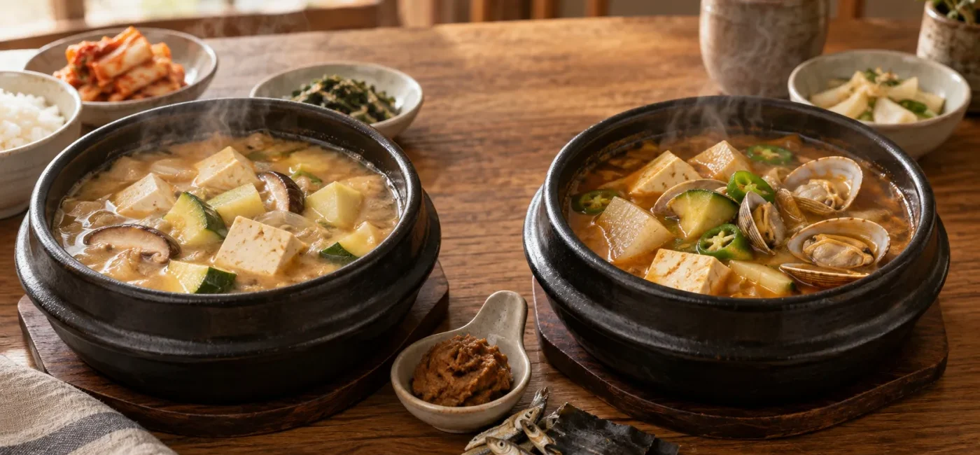Quick doenjang jjigae beside traditional anchovy-kelp-shiitake stock doenjang jjigae