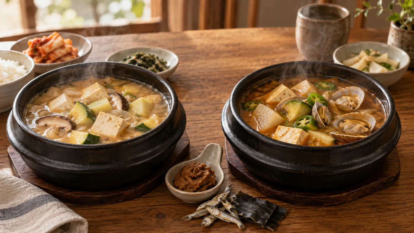 Two bowls comparing 28-minute quick doenjang jjigae with a traditional homemade-stock version