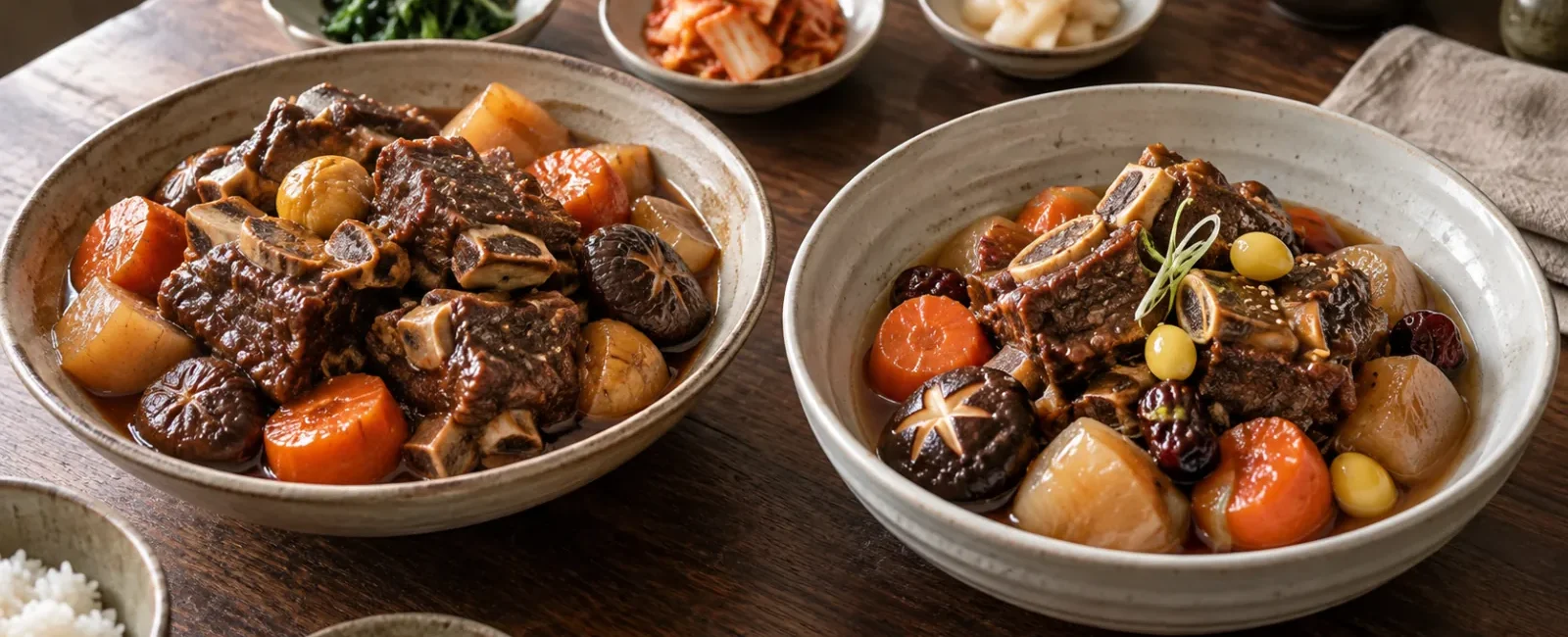 Quick pressure-cooker galbijjim beside traditional slow-braised Korean beef short ribs