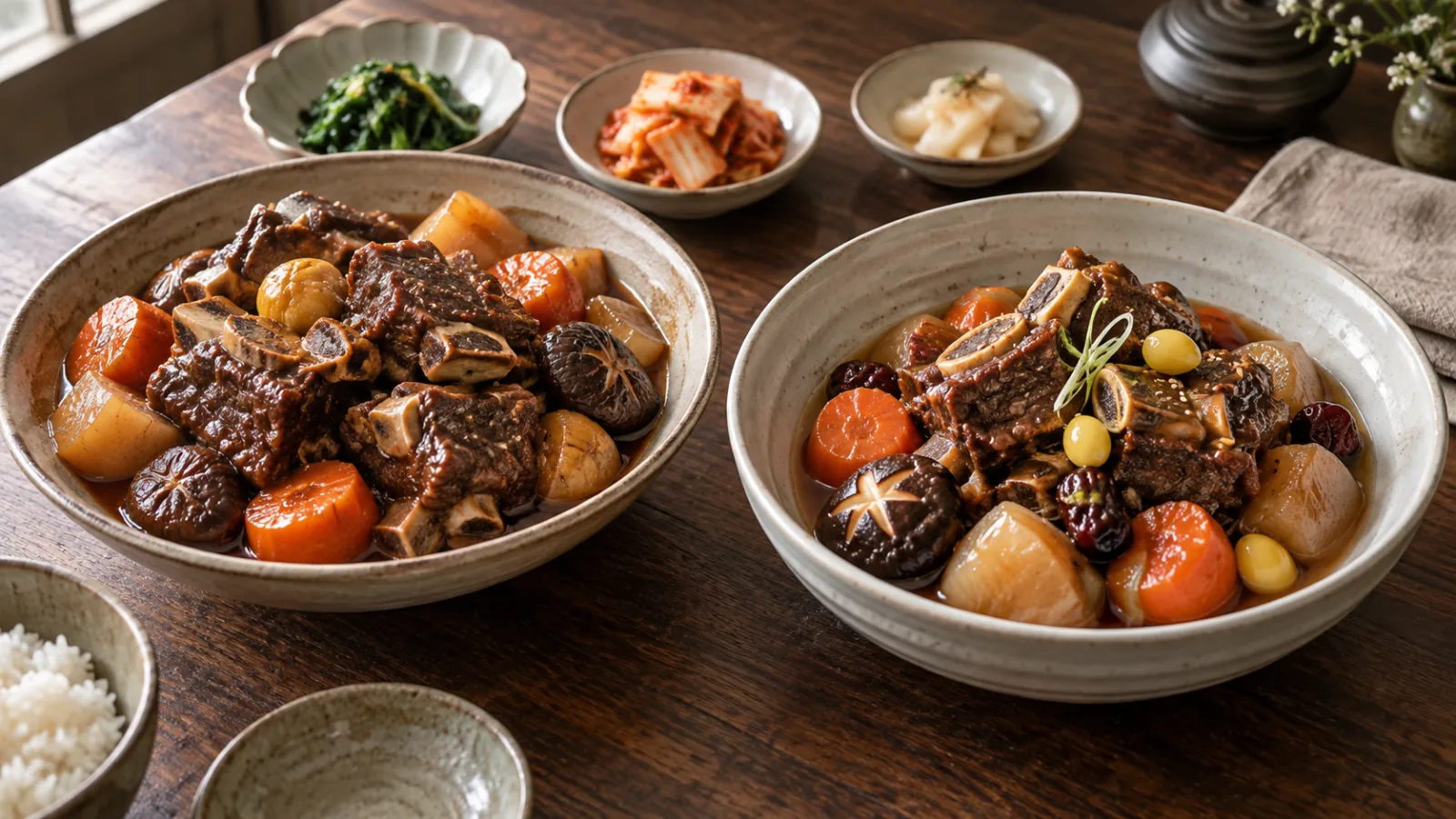 Bottled-marinade pressure-cooker galbijjim beside traditionally soaked and slow-braised galbijjim