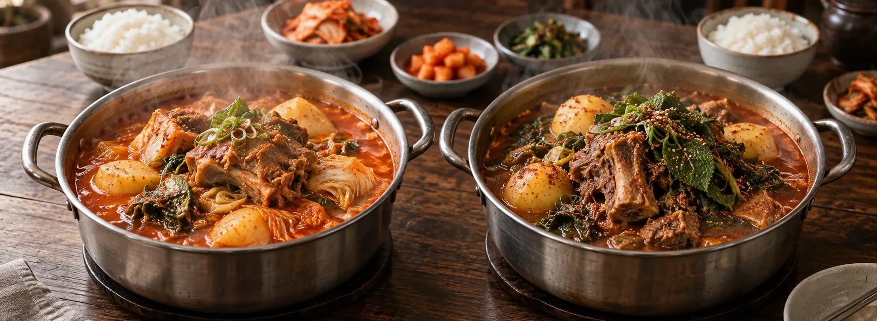 시판 양념 감자탕과 등뼈 육수 정석 감자탕을 나란히 담은 사진