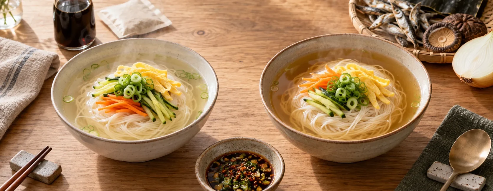 Quick janchi guksu beside traditional anchovy-kelp-shiitake stock janchi guksu