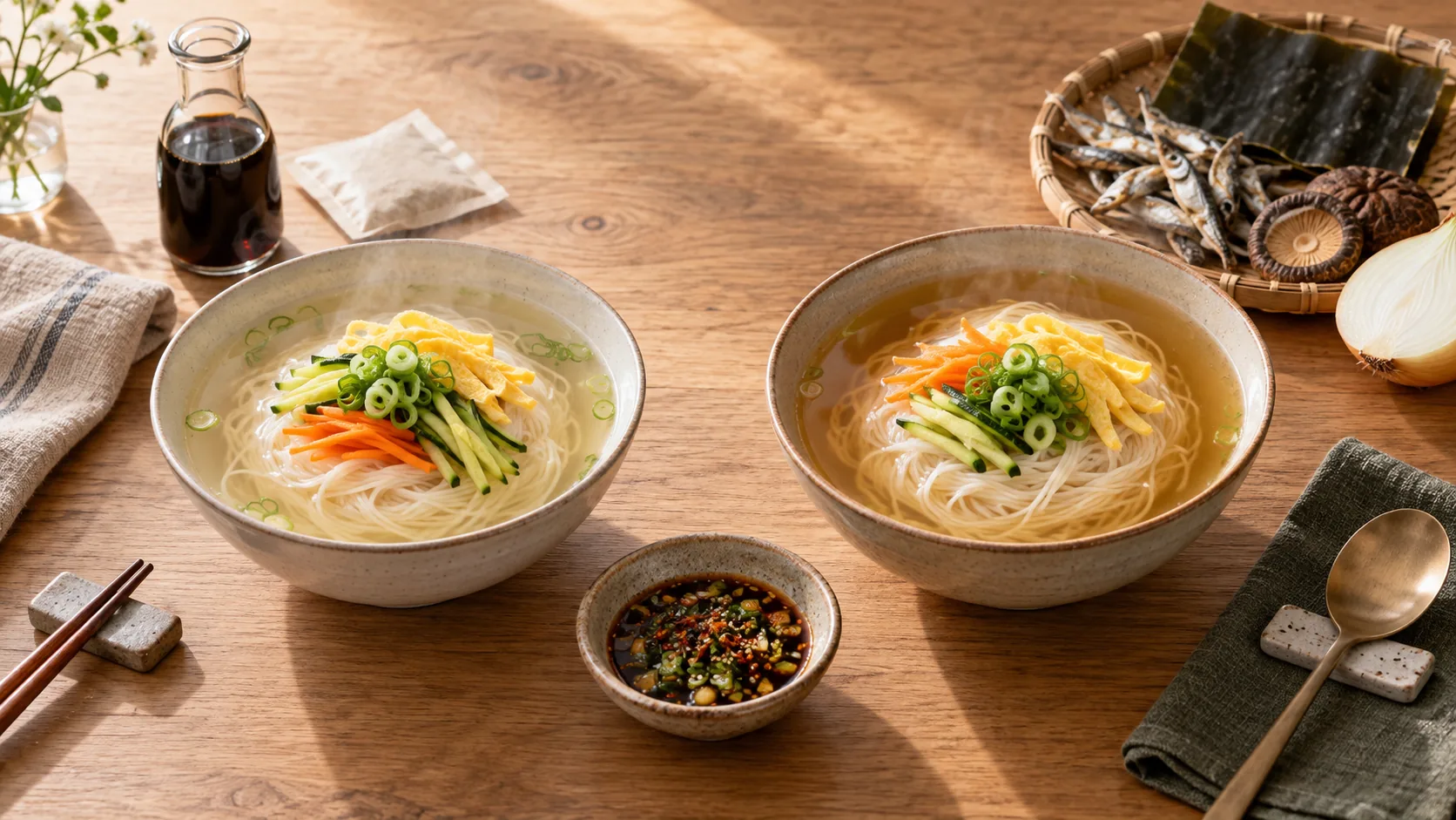 Two bowls of janchi guksu comparing a quick concentrated broth with traditional anchovy-kelp stock