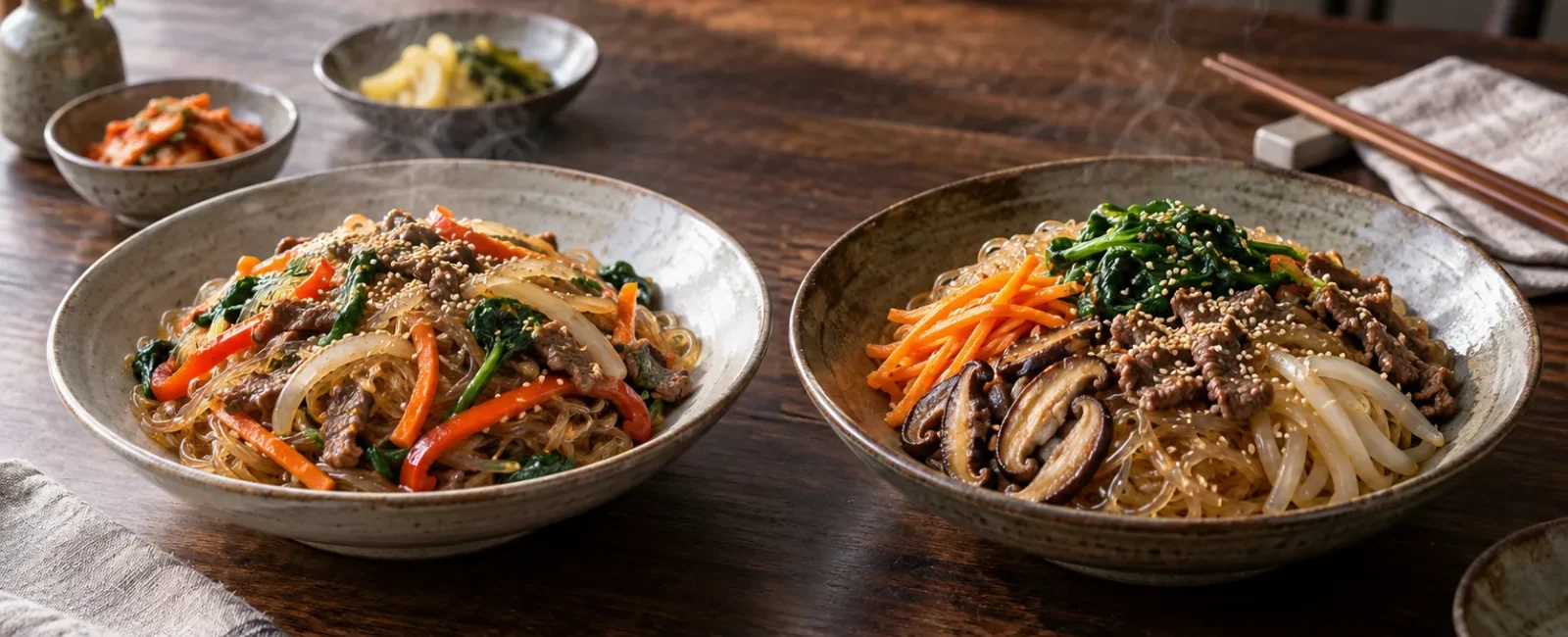 Quick bottled-sauce japchae beside traditional separately stir-fried japchae | 간단 잡채와 정석 잡채