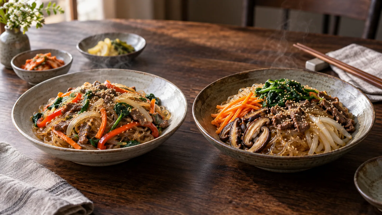 Quick japchae made with bottled bulgogi sauce beside traditional japchae with separately stir-fried ingredients