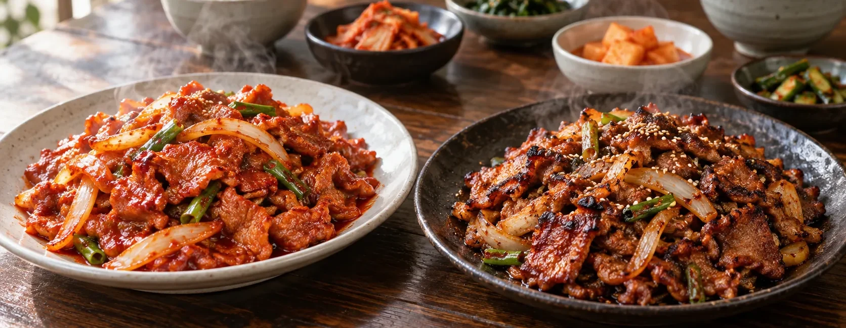 Quick bottled-sauce jeyuk bokkeum beside pear-marinated traditional spicy pork | 간단 제육볶음과 배즙 숙성 제육볶음