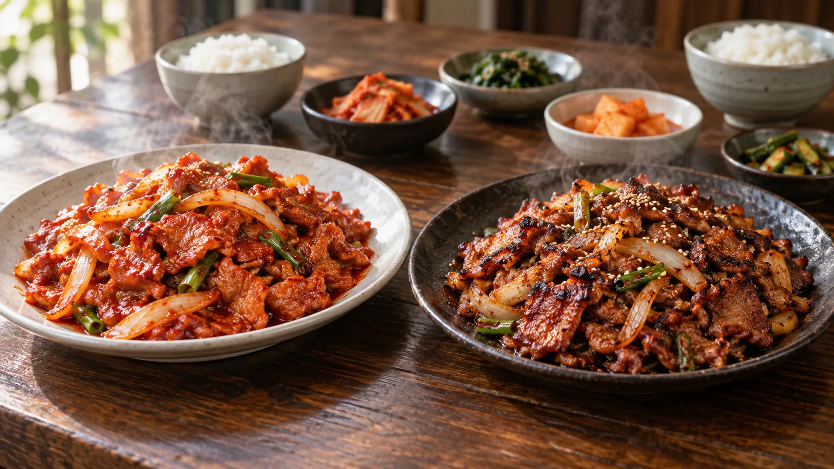 Bottled-sauce jeyuk bokkeum beside pear-marinated traditional spicy Korean pork stir-fry